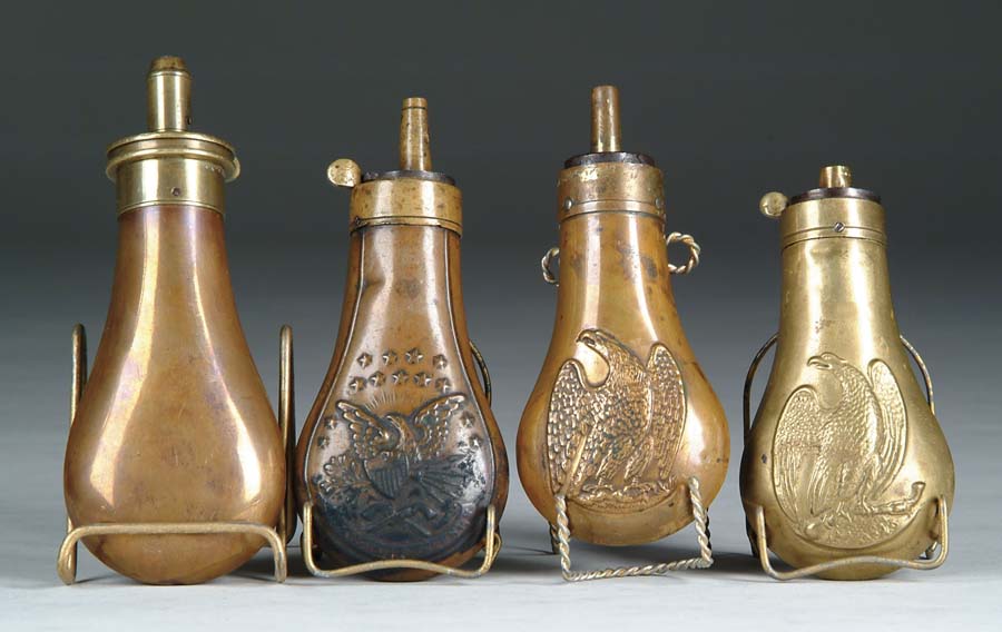 Appraisal: LOT OF FOUR SMALL BRASS COPPER FLASKS Dbl sided small