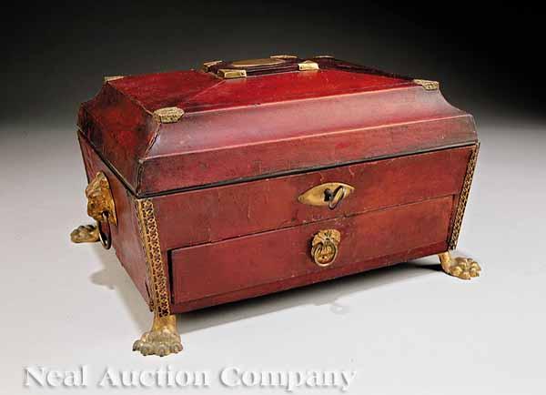 Appraisal: A Fine Antique French Brass-Mounted Red Leather Sarcophagus-Form Sewing Box