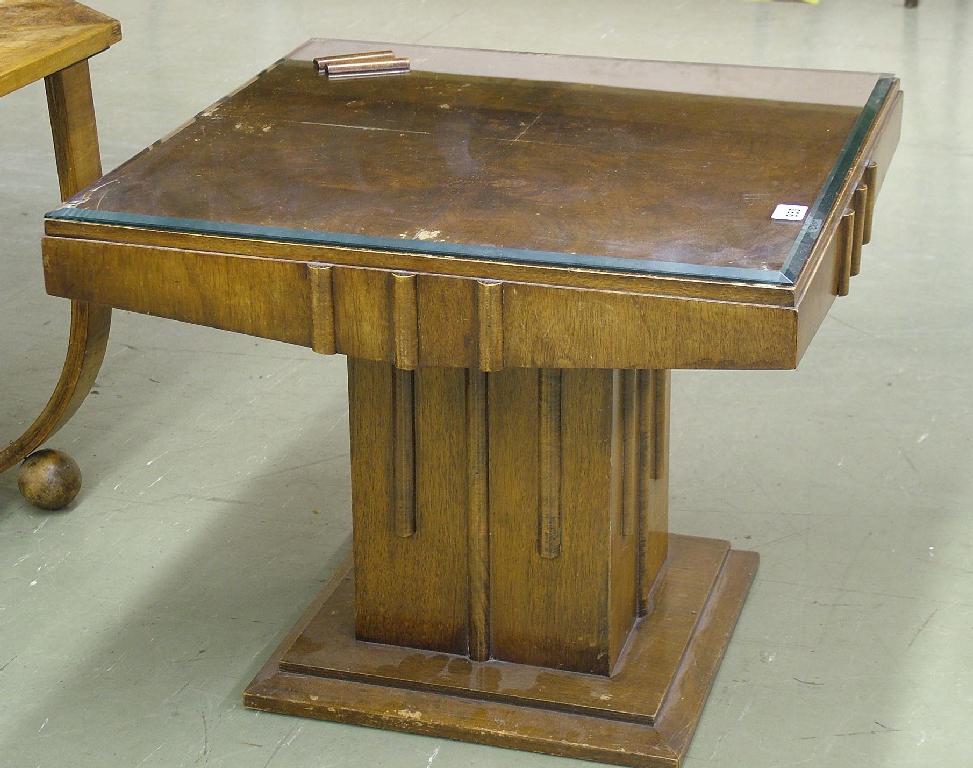 Appraisal: Art Deco burr walnut veneered square occasional table raised upon