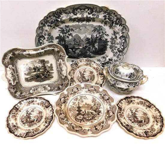 Appraisal: Transferware black or brown on white seven pieces Knight Brightwood