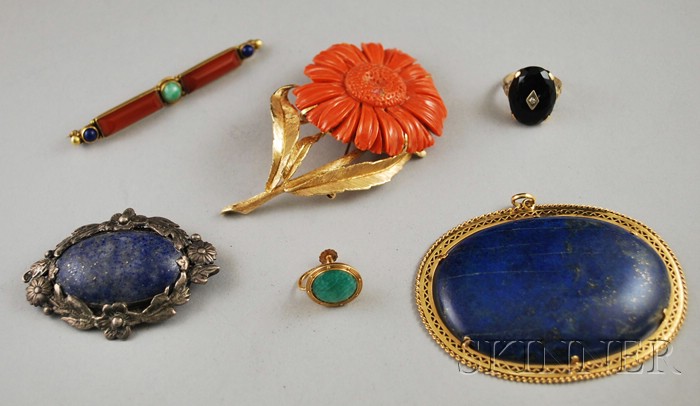 Appraisal: Six Hardstone Jewelry Items a kt gold and carved coral