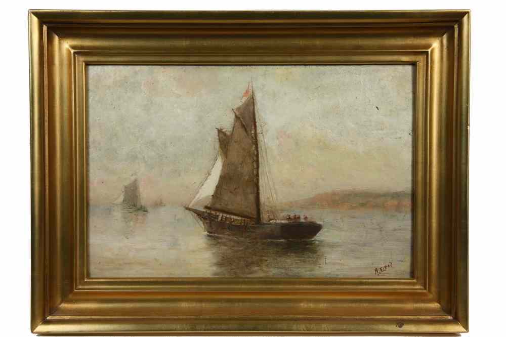 Appraisal: OOB - Coastal Schooners Leaving Misty Gloucester Harbor Port signed