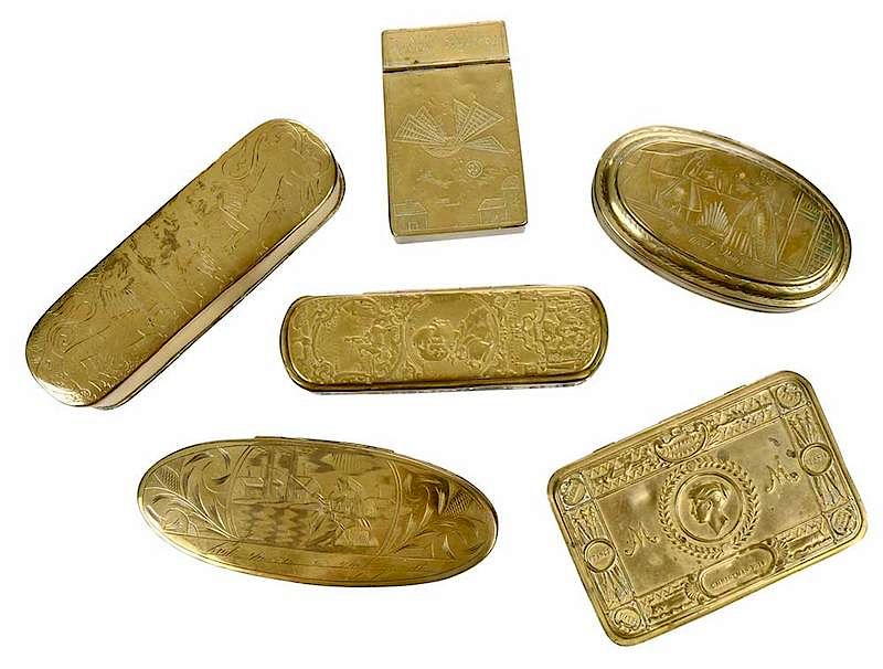 Appraisal: Six Brass Tobacco Boxes British Continental th-early th century commemorating