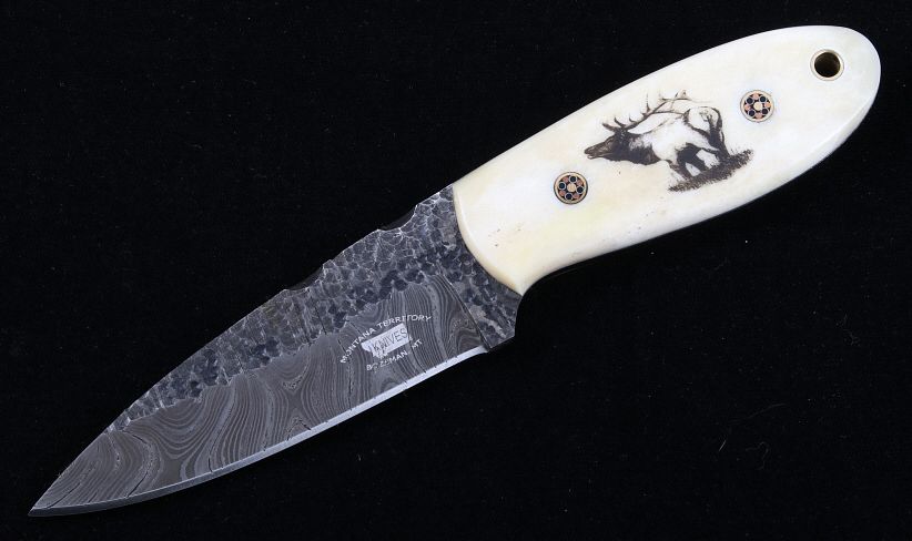 Appraisal: Yellowstone Elk Scrimshaw Damascus M T Knives This is an