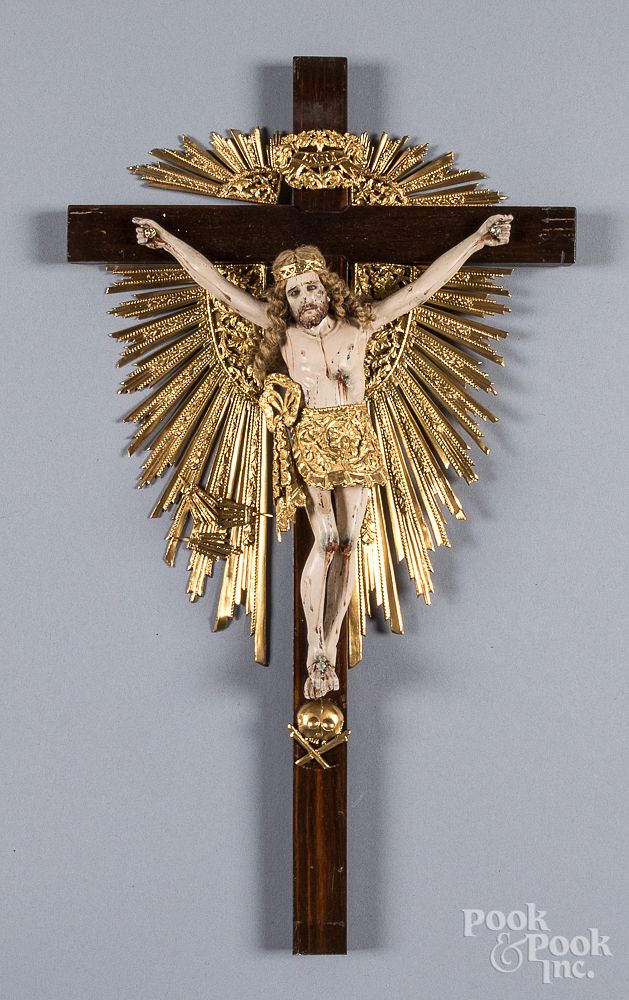 Appraisal: Spanish carved wood and gilt metal crucifix Spanish carved wood