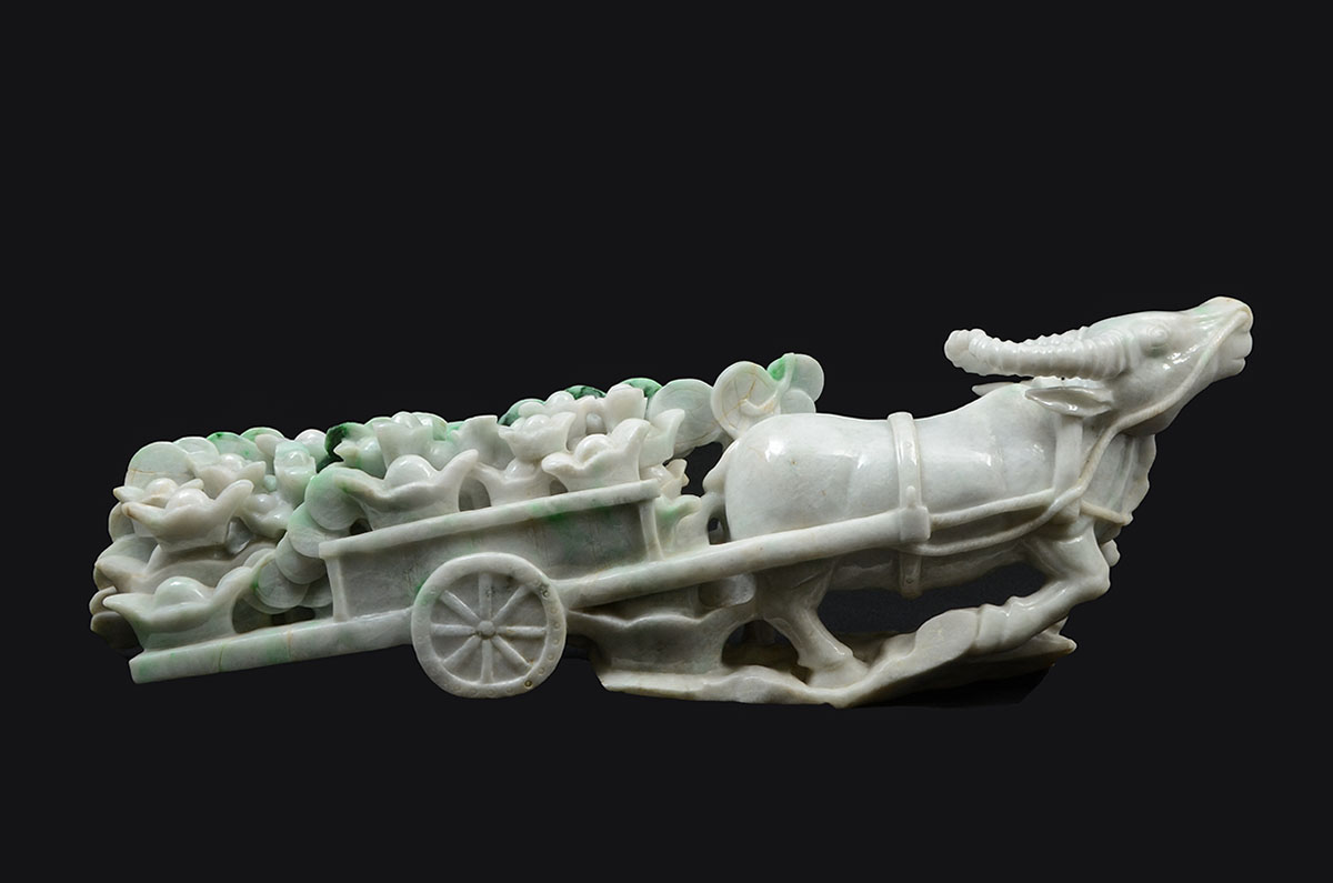 Appraisal: LARGE CHINESE CARVED JADEITE OX CART Carved apple green and