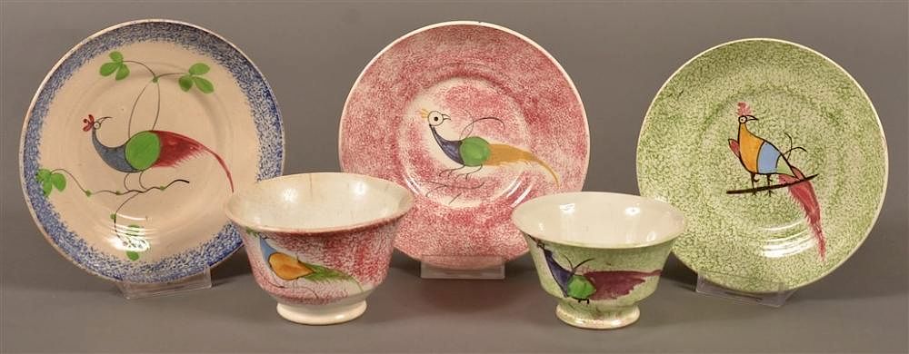 Appraisal: Pieces of Peafowl Pattern Spatterware China Five Various Pieces of