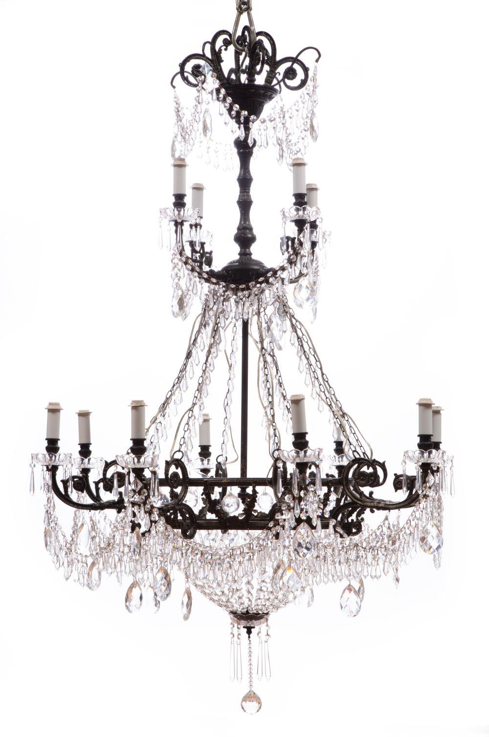 Appraisal: Louis XV-Style Patinated Bronze Twelve-Light Chandelier tiered form foliate arms