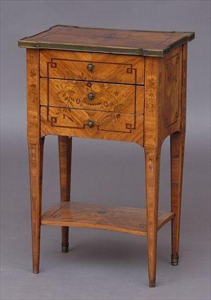 Appraisal: LOUIS XVI MARQUETRY-INLAID TULIPWOOD TABLE A CHIFFONIERE The -veneered top