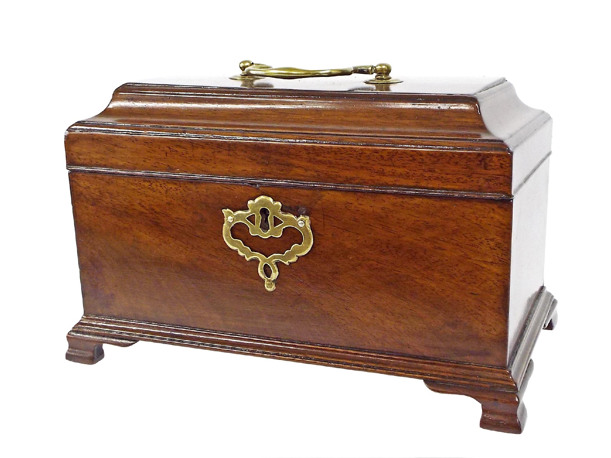 Appraisal: George III mahogany sarcophagus tea caddy with applied brass swing