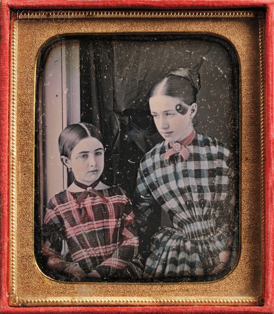 Appraisal: American School th Century Hand-tinted Sixth-plate Daguerreotype of Two Girls