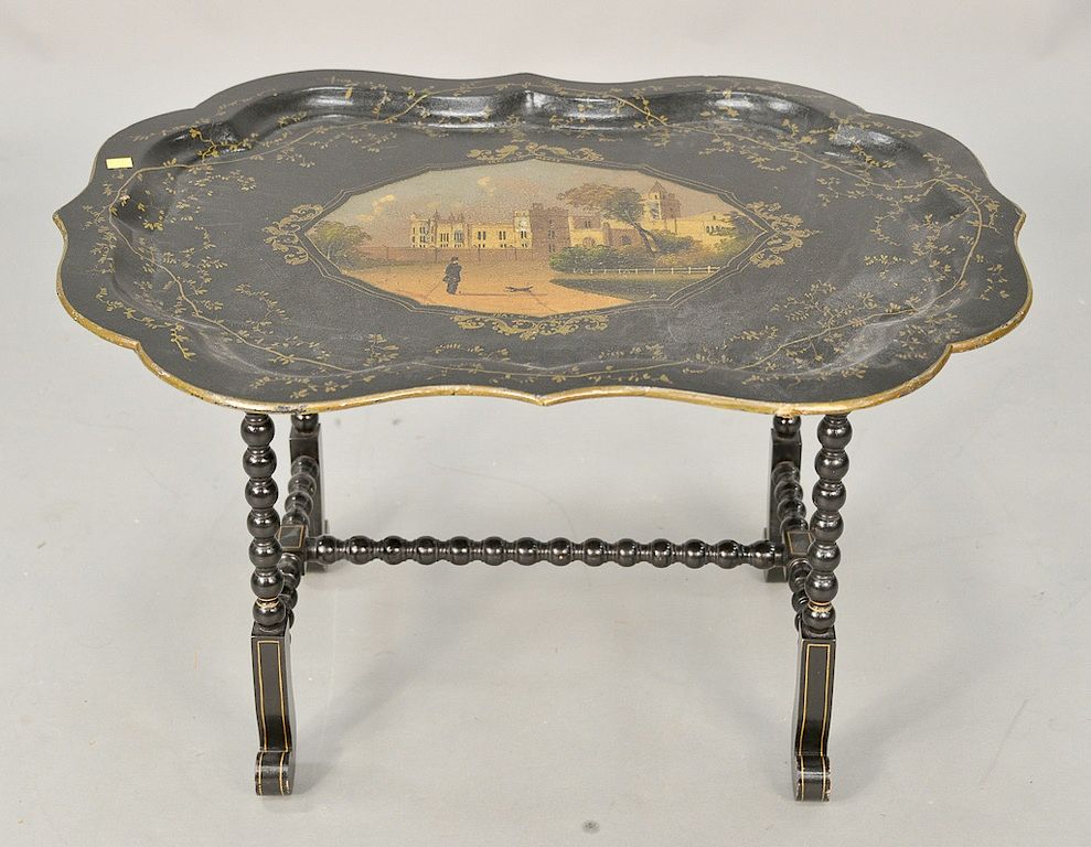 Appraisal: Papier mache tray with hand painted scene Brayton Manor seat