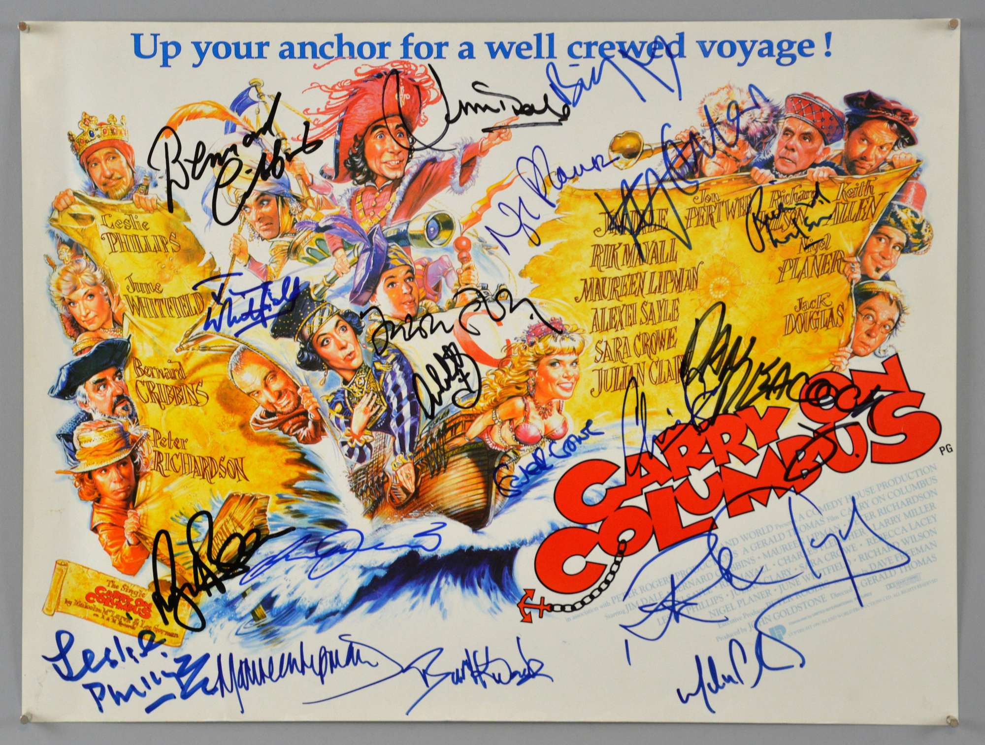 Appraisal: Carry On Columbus Mini film poster signed by including Bernard