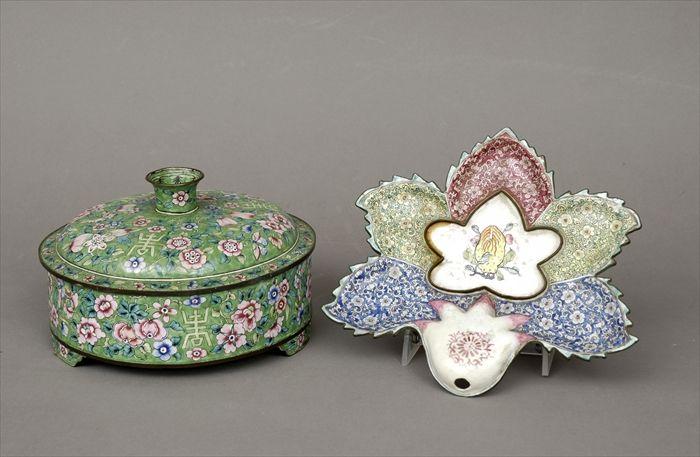 Appraisal: Canton Enamel Leaf-Form Stand and a Round Covered Box and