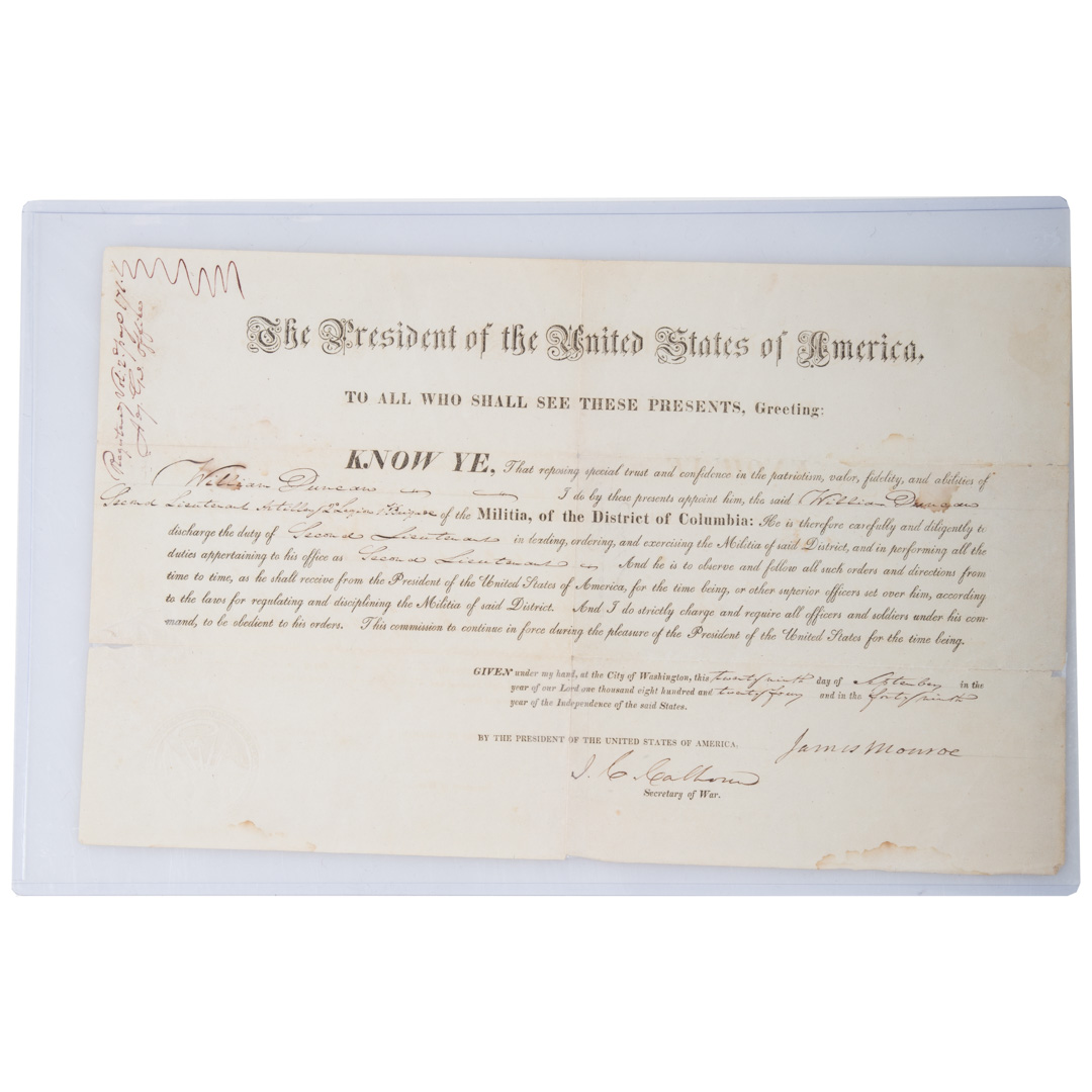 Appraisal: James Monroe signed military appointment promoting William Duncan to Second