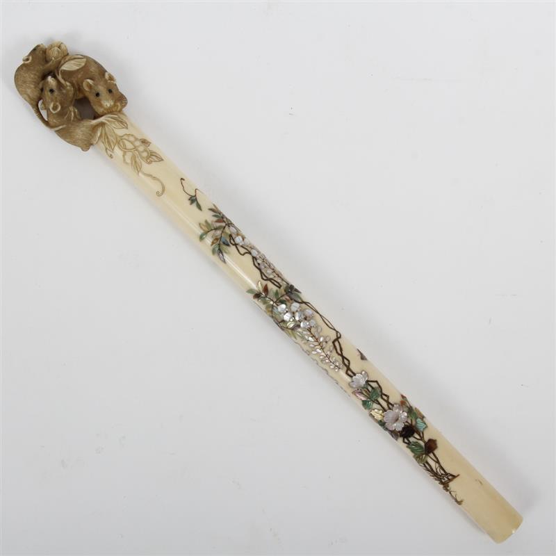 Appraisal: Japanese carved and inlayed ivory handle or rod with three