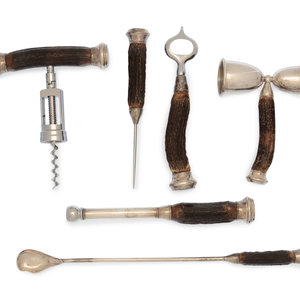 Appraisal: A Cased Antler-Mounted Silver Bar Set th Century comprising a