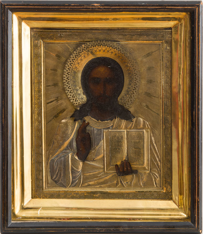 Appraisal: RUSSIAN ICON OF CHRIST WITH BIBLE WITH SILVER-GILT OKLAD Oil