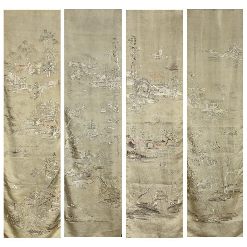 Appraisal: Set Lrg Chinese Silk Panel Wall Hangings Set of four