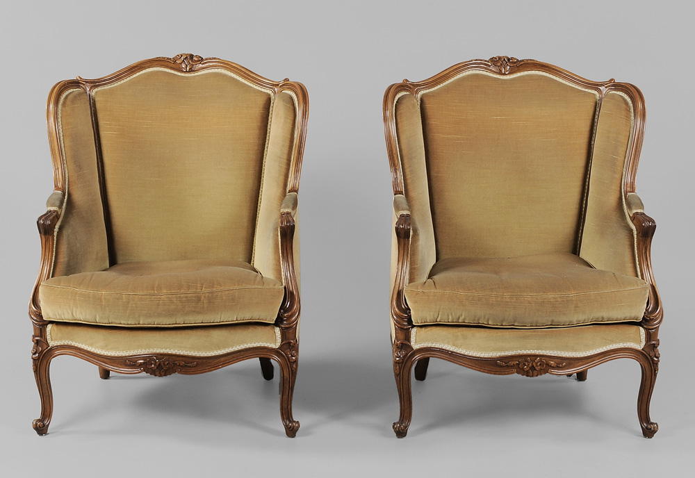 Appraisal: Pair Louis XV Style Upholstered Fruitwood Berg re French th