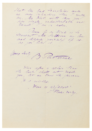 Appraisal: PASTERNAK BORIS Autograph Letter Signed B Pasternak to Mrs Rosa