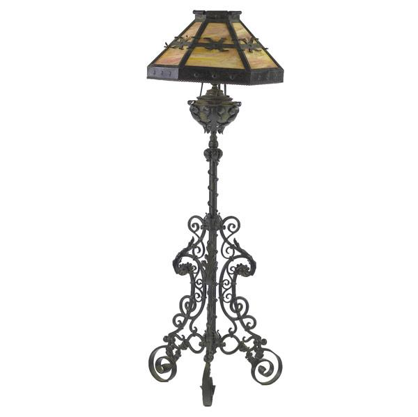 Appraisal: Wrought iron piano lamp with pink slag glass shade th