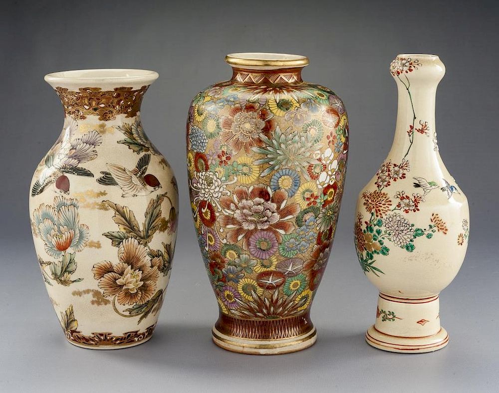 Appraisal: Satsuma Vases Incl Mille Fleurs DESCRIPTION Three Satsuma vases including