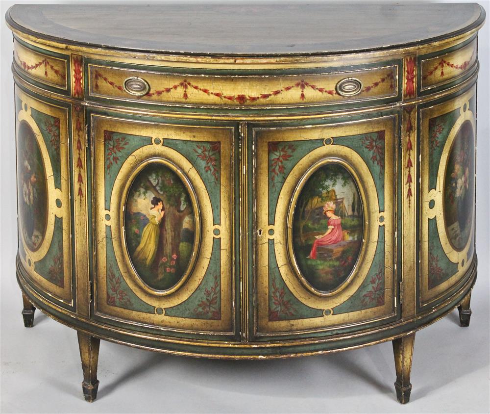 Appraisal: FRENCH STYLE PAINT DECORATED DEMILUNE COMMODE having a demilune painted