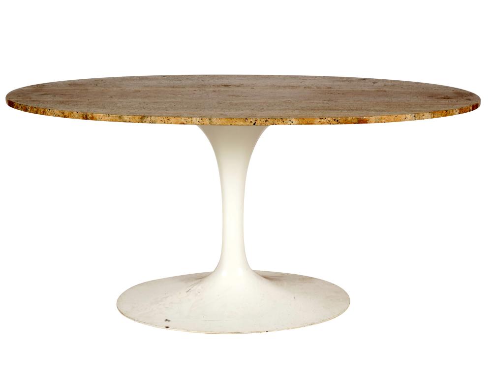 Appraisal: SAARINEN-STYLE TULIP DINING TABLEunsigned oval travertine top painted metal base