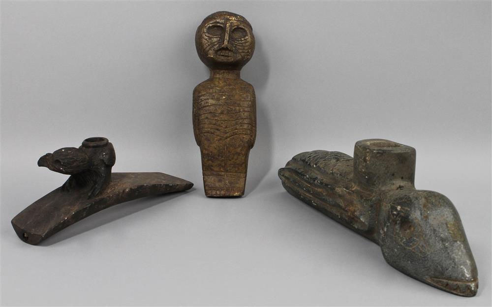 Appraisal: THREE STEATITE HOPEWELL FORM BIRD EFFIGY PIPES th C reproductions