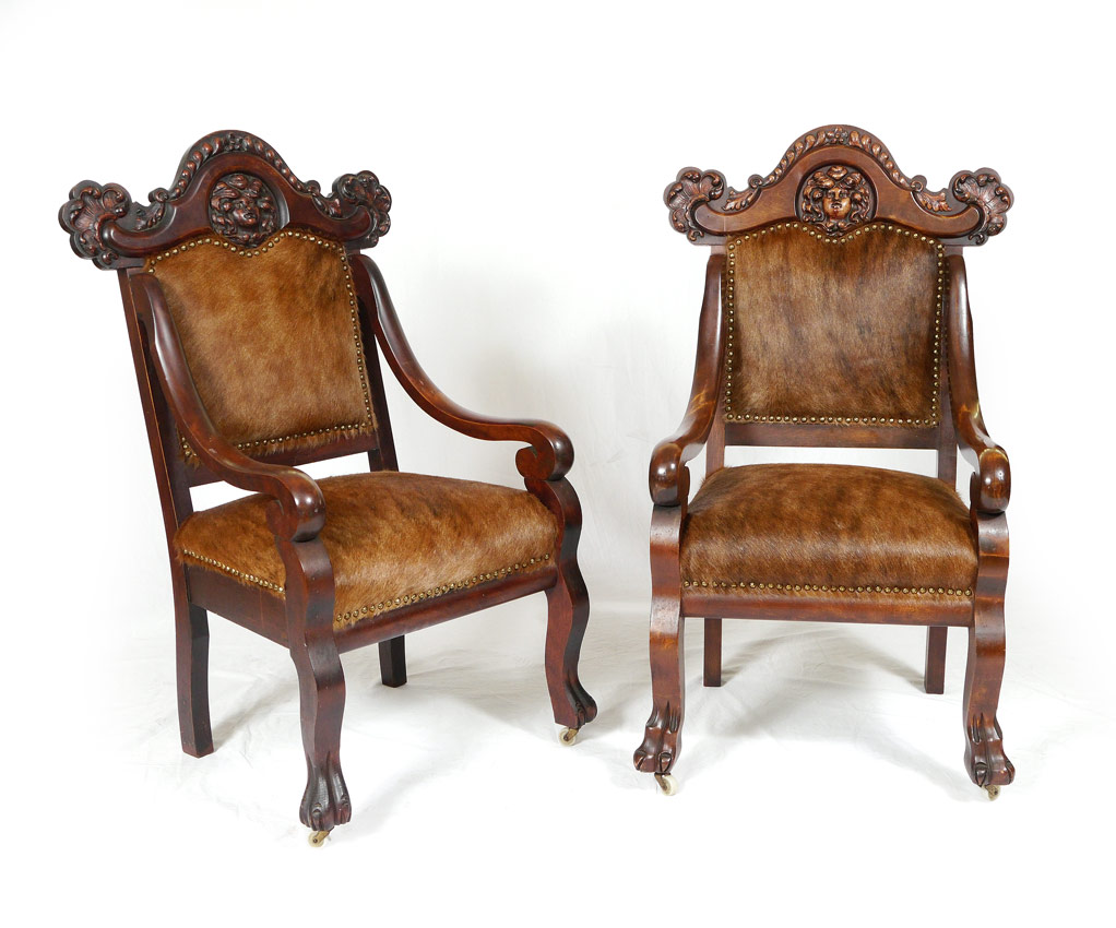 Appraisal: PAIR ROCOCO ARM CHAIRS Recently upholstered in tacked cowhide ornately