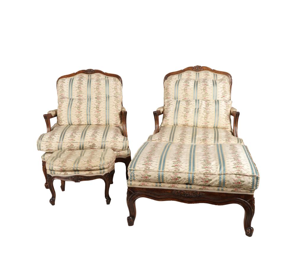 Appraisal: PAIR FRENCH PROVINCIAL-STYLE ARMCHAIRS th century with two ottomans the