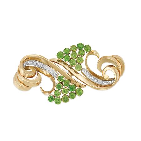 Appraisal: Gold Platinum Demantoid Garnet and Diamond Double Clip-Brooch Estimate -