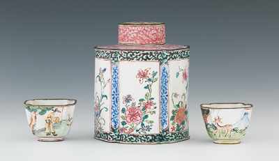 Appraisal: A Chinese Enamel Tea Caddy and Two Cups Lobed cylinder