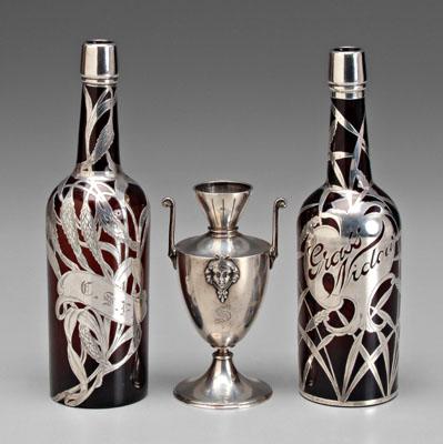 Appraisal: Silver overlay bottles sterling vase two amber bottles with grass