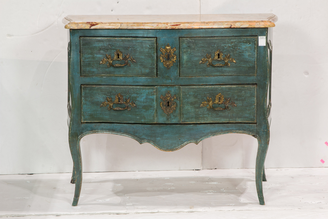 Appraisal: A LOUIS XV POLYCHROME DECORATED MARBLE TOP COMMODE CIRCA A