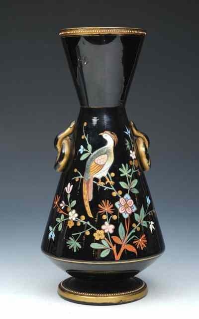 Appraisal: AN ENGLISH PROBABLY STOURBRIDGE BLACK GLASS VASE with enamelled butterfly