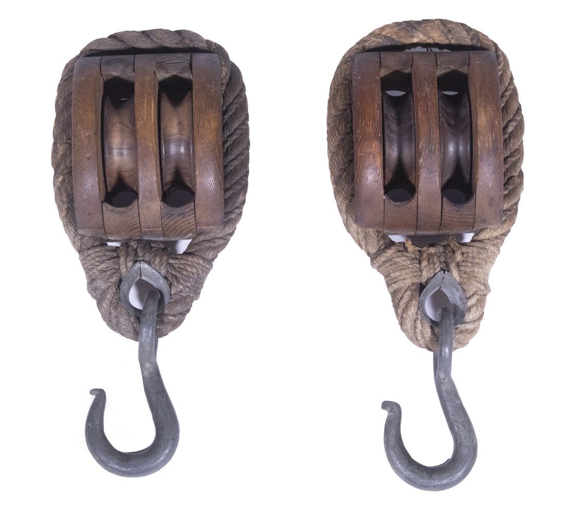 Appraisal: PR BLOCK TACKLE PULLEYS Pair of th c Elm Marine