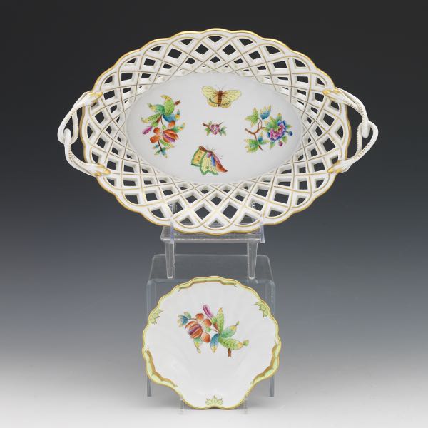 Appraisal: HEREND BASKET AND SHELL DISH QUEEN VICTORIA PATTERN Reticulated Herend