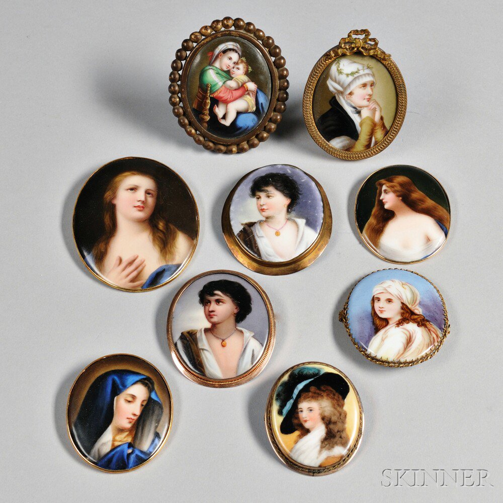 Appraisal: Nine Hand-painted Portrait Miniatures th century each mounted as a