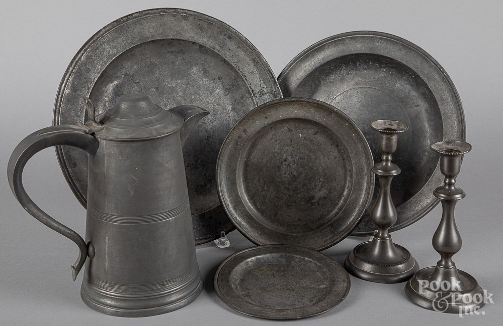 Appraisal: Pewter tablewares Pewter tablewares to include a pair candlesticks Condition