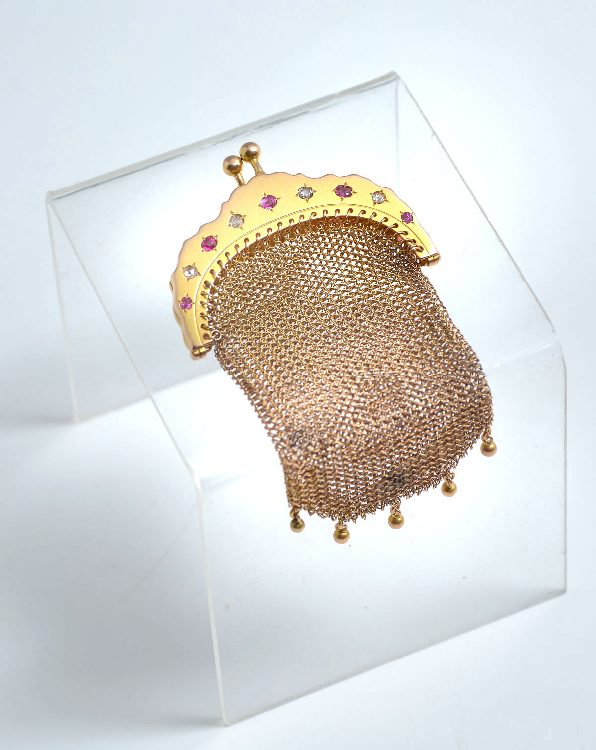 Appraisal: K GOLD MESH PURSE WITH DIAMONDS RUBIES Delicate elegant K