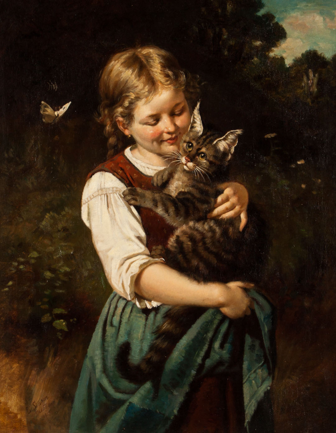 Appraisal: Fritz Sturm Portrait of a Girl Holding Cat oil Fritz