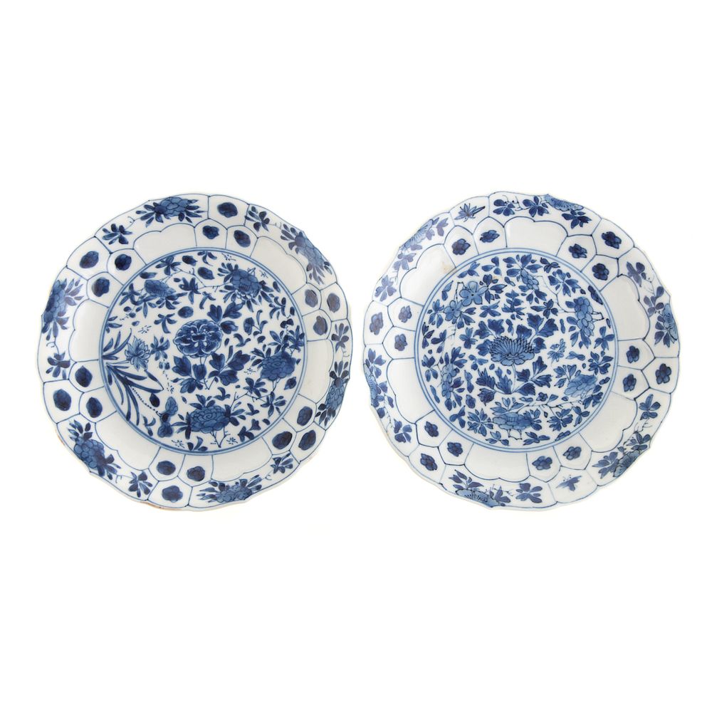 Appraisal: Pair Chinese Blue White Lotus Flower Dishes Kangxi circa molded