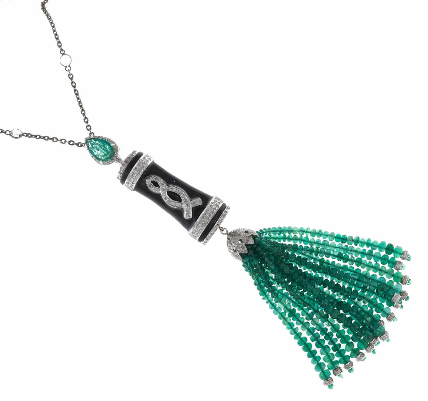 Appraisal: An emerald diamond white sapphire and enamel tassel pendant necklace