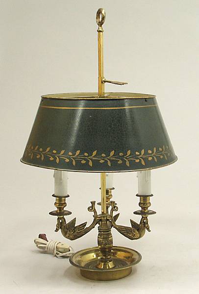 Appraisal: An Empire style brass three light bouillotte lamp with t