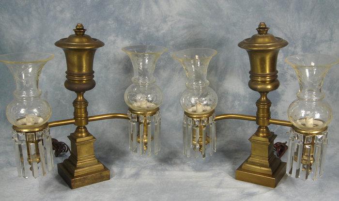 Appraisal: Pr th c Argand style double arm brass lamps missing