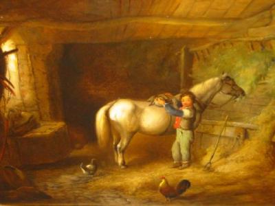 Appraisal: CIRCLE OF WILLIAM SHAYER - Barn Interior with Boy Saddling