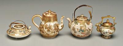 Appraisal: Four Satsuma teapots one with phoenix-head spout pomegranate finial fox-form