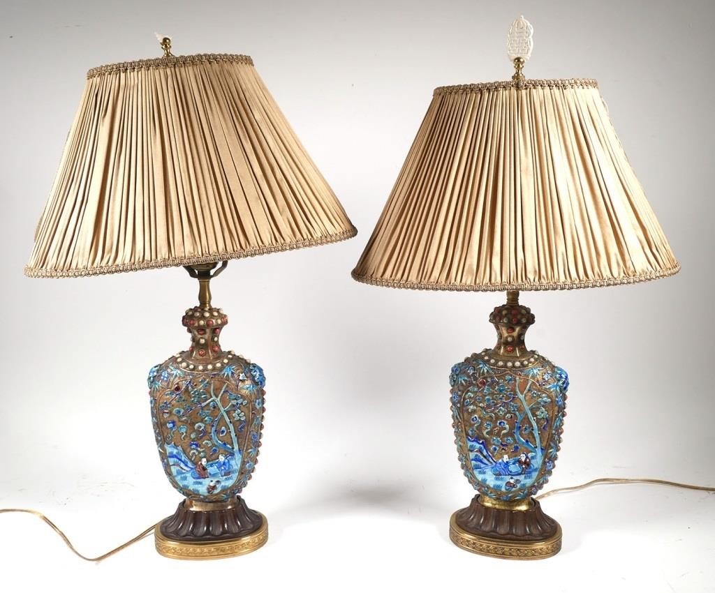 Appraisal: Pair enamel painted over brass table lamps Garden or landscape